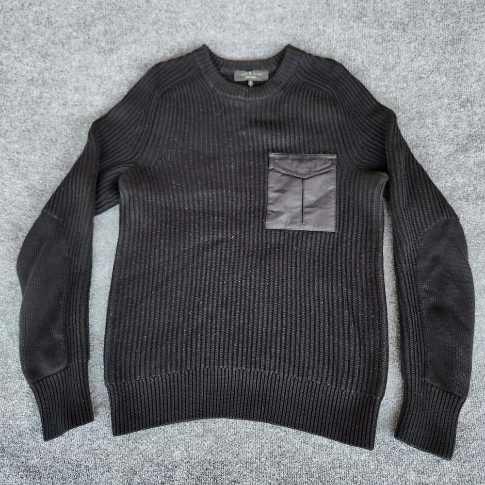 Rag & Bone Elijah Ribbed Cotton Wool Blend Sweater Black Pocket Elbow Patch S
